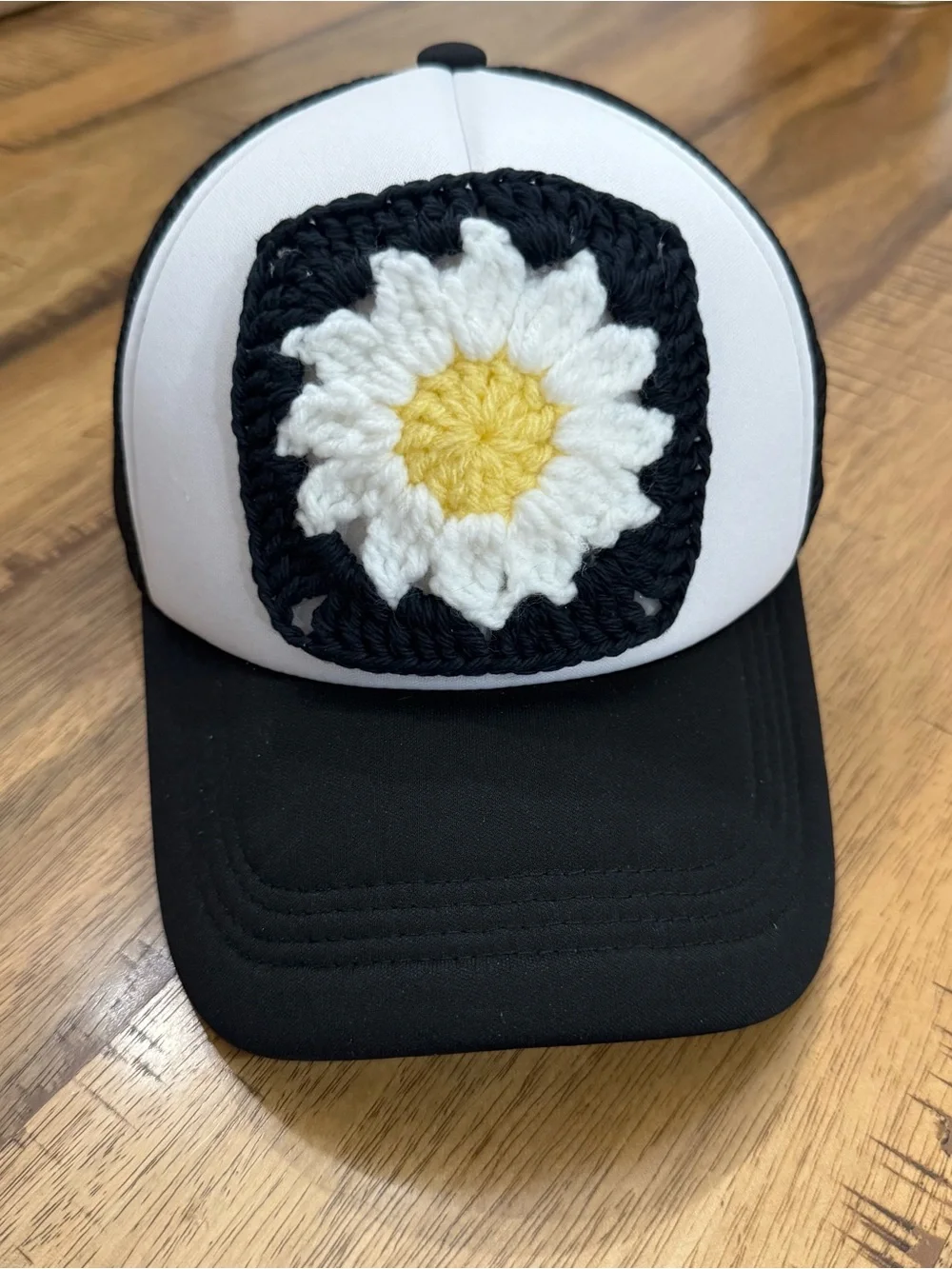 Black and White Trucker Hat with Crocheted Daisy Patch New